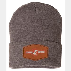 12" Solid Cuffed Beanie W/ Leather Patch Thumbnail